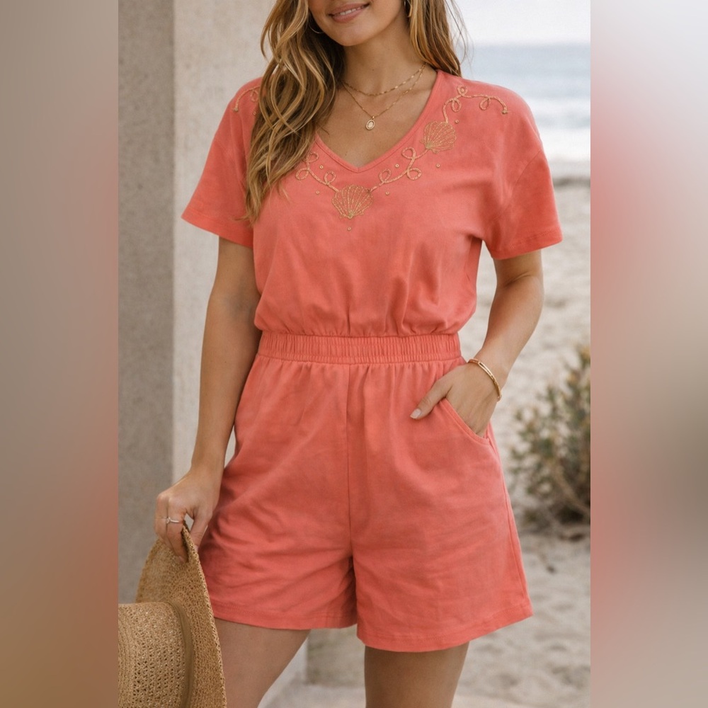 Vintage 80s Coral Romper Shell Embroidered By Rafael Women’s Small Beach Resort